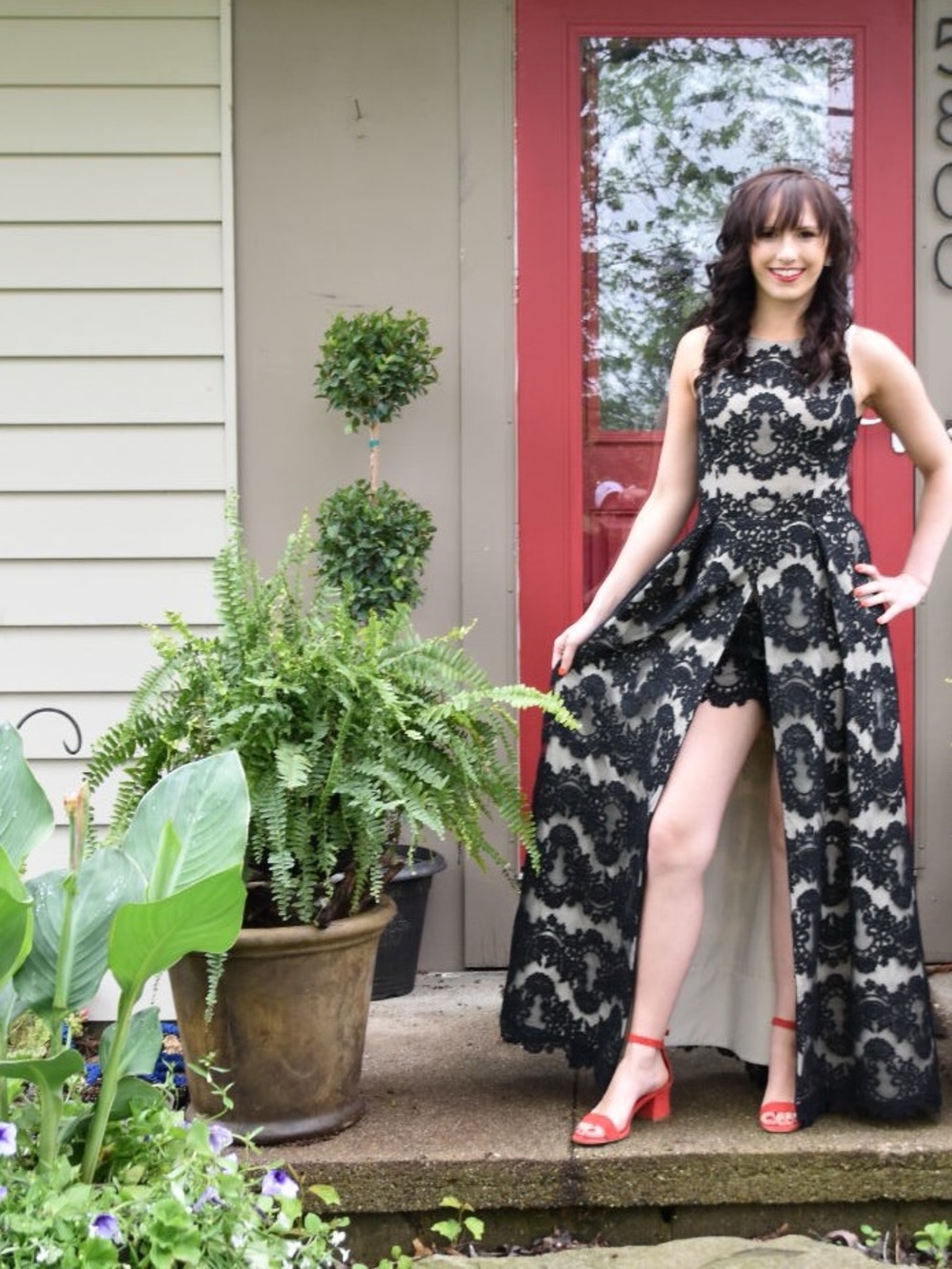 Alice and Olivia Lace Overlay Black & Cream High-Slit Jumpsuit Dress